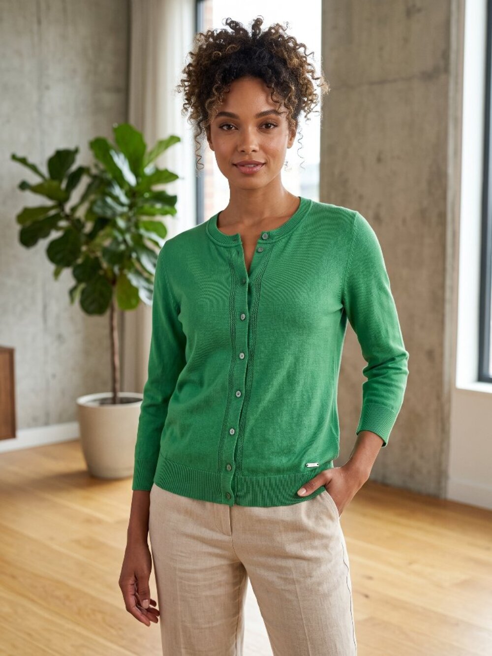 Ellen Tracy Kelly Green Crewneck Button Front Knit Cardigan Sweater L
